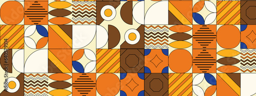 Abstract Geometric Pattern Artwork. Retro colors and color background. Grid with colored geometric shapes. Modern abstract promotional flyer, background, brochure, pattern.