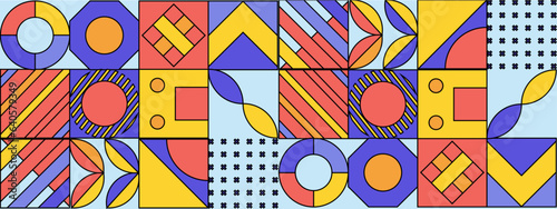 Abstract Geometric Pattern Artwork. Retro colors and color background. Grid with colored geometric shapes. Modern abstract promotional flyer, background, brochure, pattern.