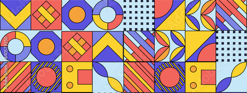 Abstract Geometric Pattern Artwork. Retro colors and color background. Grid with colored geometric shapes. Modern abstract promotional flyer, background, brochure, pattern.