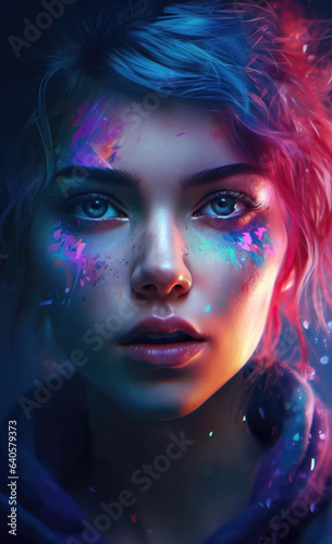 Fantasy girl portrait in neon light