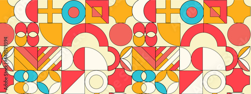 Abstract Geometric Pattern Artwork. Retro colors and color background. Grid with colored geometric shapes. Modern abstract promotional flyer, background, brochure, pattern.