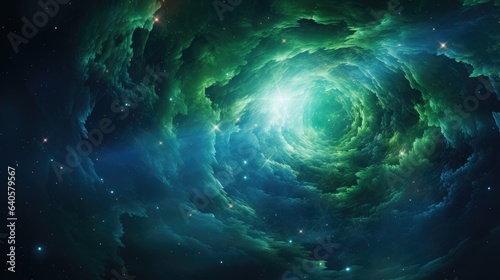 Background illustration concept art of a green and blue spiral galactic nebula in space, beautiful stars at the night sky