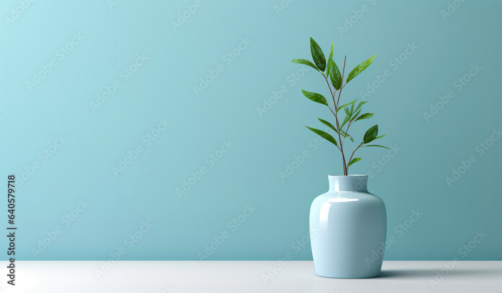 Single branch in a vase on a blue background in a minimalist abstract style
