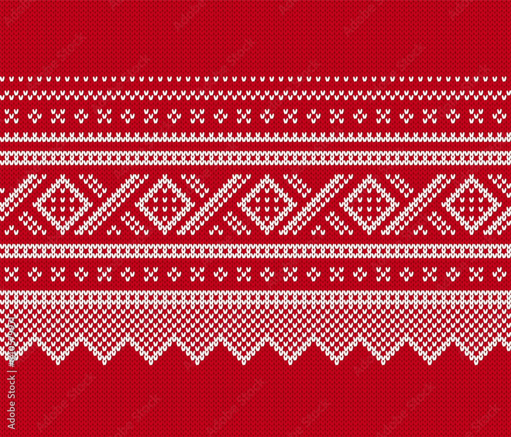 Christmas sweater texture. Xmas winter seamless pattern. Knitted. geometric ornament. Knit print. Holiday fair isle traditional background. Festive crochet. Vector illustration