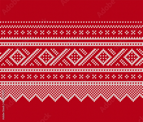 Christmas sweater texture. Xmas winter seamless pattern. Knitted. geometric ornament. Knit print. Holiday fair isle traditional background. Festive crochet. Vector illustration