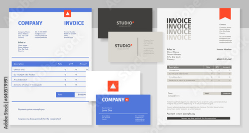 Invoice and business card design. Abstract corporate letterhead templates with id and logo, company blank and card mockup. Vector set of brochure professional illustration