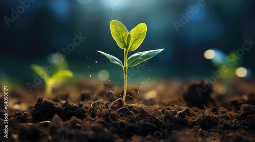Close young green sprout growing in soil on Green nature blur background
