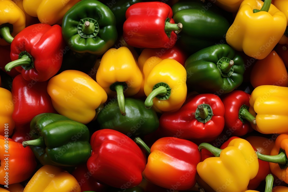 Close up of fresh red , yellow, orange, green peppers , top view, seamless pattern. Generative Ai Close up of fresh red , yellow, orange, green peppers , top view, seamless pattern. Generative Ai
