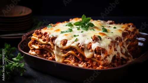  Tray of homemade lasagna with layers of pasta, meat sauce, creamy bechamel and melted cheese