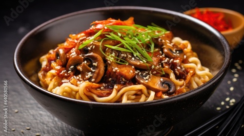 Traditional Japanese udon noodles with mushrooms, close-up on a stone background photo