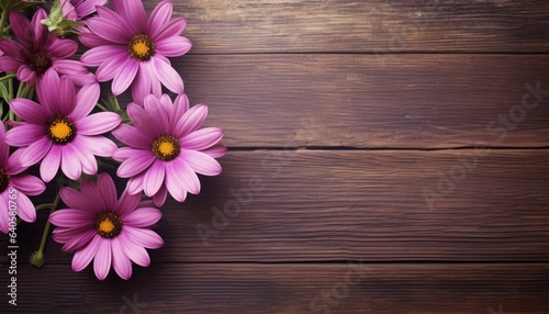 Bouquet of pink daisies on a wooden background.