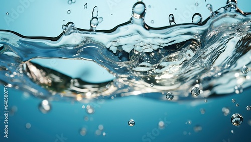 Water splash with bubbles on blue background. Close up of water surface.