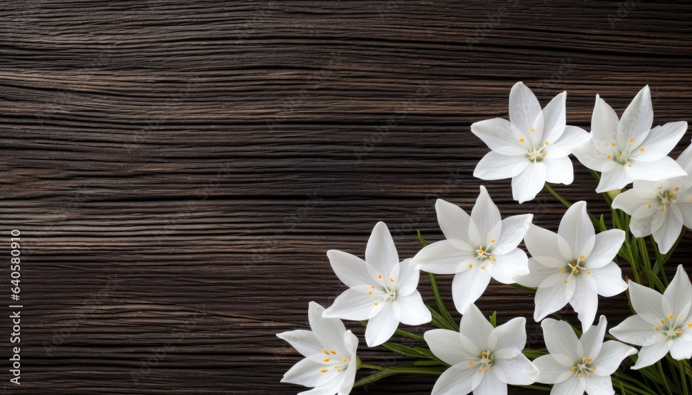White crocus flowers on wooden background. Top view with copy space