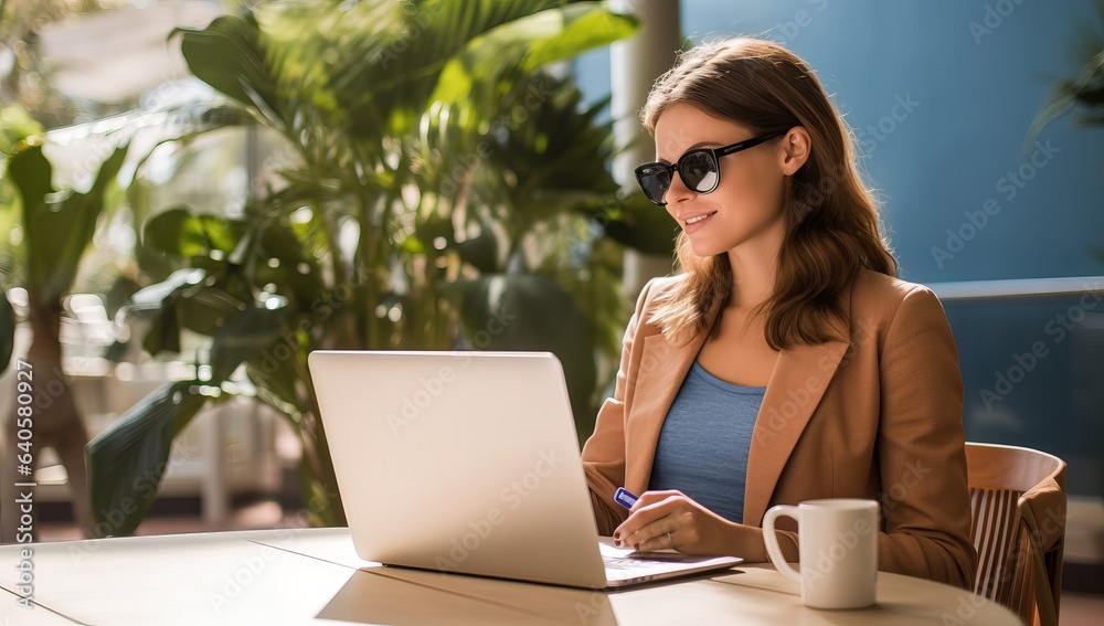 beautiful young businesswoman in sunglasses working with laptop in cafe and smiling beautiful young businesswoman in sunglasses working with laptop in cafe and smiling