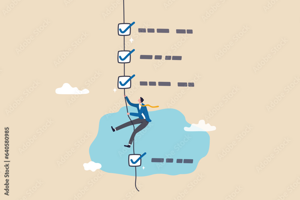 Finish checklist or todo list, tick checkmark or work completion, questionnaire or productivity checklist, survey form or success plan concept, businessman rope climbing on work check list completion.