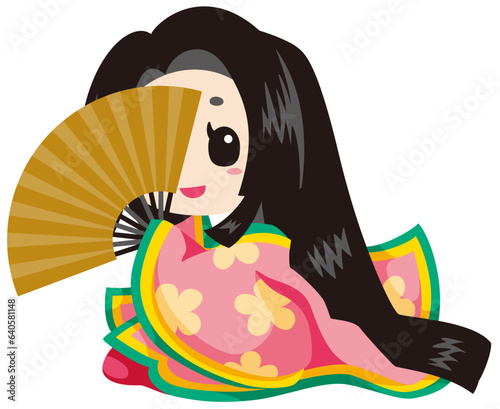 扇を持った十二単の女の子のベクターイラスト／kimono girl photo