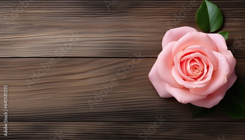 Pink rose on wooden background. Top view with copy space for your text
