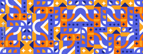 Abstract Geometric Pattern Artwork. Retro colors and color background. Grid with colored geometric shapes. Modern abstract promotional flyer, background, brochure, pattern.