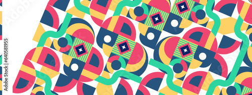 Abstract Geometric Pattern Artwork. Retro colors and color background. Grid with colored geometric shapes. Modern abstract promotional flyer, background, brochure, pattern.