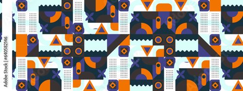 Abstract Geometric Pattern Artwork. Retro colors and color background. Grid with colored geometric shapes. Modern abstract promotional flyer, background, brochure, pattern.