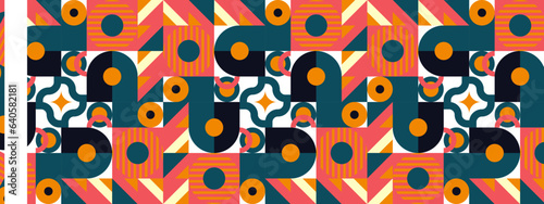 Abstract Geometric Pattern Artwork. Retro colors and color background. Grid with colored geometric shapes. Modern abstract promotional flyer, background, brochure, pattern.