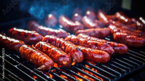Grilled sausages being prepared on a barbecue grill outdoors