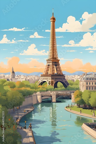 Old Vintage Poster of Paris with Eiffel Tower, Characteristic Architecture and City Atmosphere, Ideal for Nostalgic and Aesthetic Projects, Generative AI