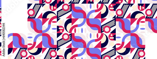 Abstract Geometric Pattern Artwork. Retro colors and color background. Grid with colored geometric shapes. Modern abstract promotional flyer, background, brochure, pattern.
