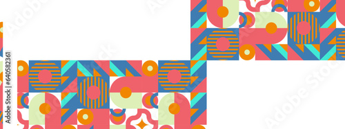 Abstract Geometric Pattern Artwork. Retro colors and color background. Grid with colored geometric shapes. Modern abstract promotional flyer, background, brochure, pattern.