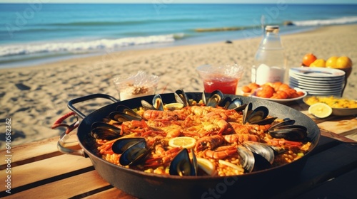 Paella or bar food in summer on the beach photo