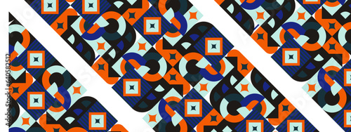 Abstract Geometric Pattern Artwork. Retro colors and color background. Grid with colored geometric shapes. Modern abstract promotional flyer, background, brochure, pattern.