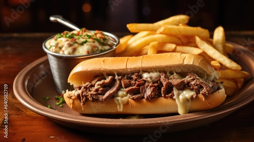 Juicy cheesesteak sandwich with sides on a brown plate on a wooden table