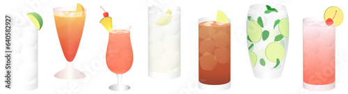 カクテルイラスト素材セット　ジントニック　シンガポールスリング　モヒート　カンパリオレンジ　ロングアイランドアイスティー　ジンフィズ　スロージンフィズ