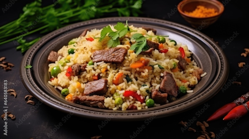Fried rice with chopped vegetables and meat on a plate on a stone background