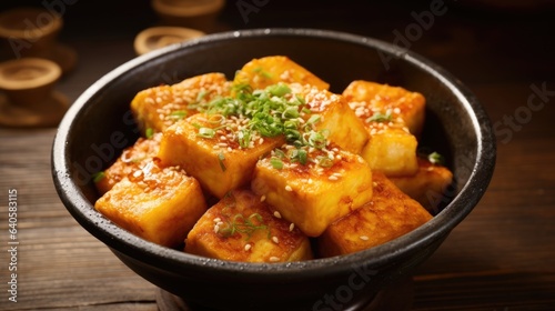 Fried tofu in bowl, Vegetarian food