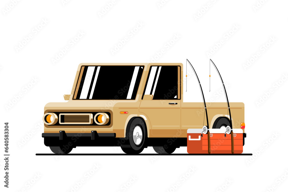 Pickup truck with fishing rod, handheld ice cooler box on isolated background, Vector illustration.