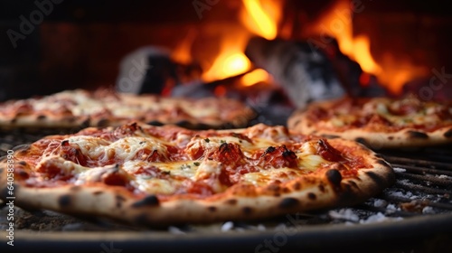 Fresh baked pizza closeup, traditional wood fired oven background