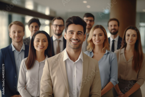 Smiling Men and Women Posing in the Office. Consept of Equality and Respect. Generative AI.