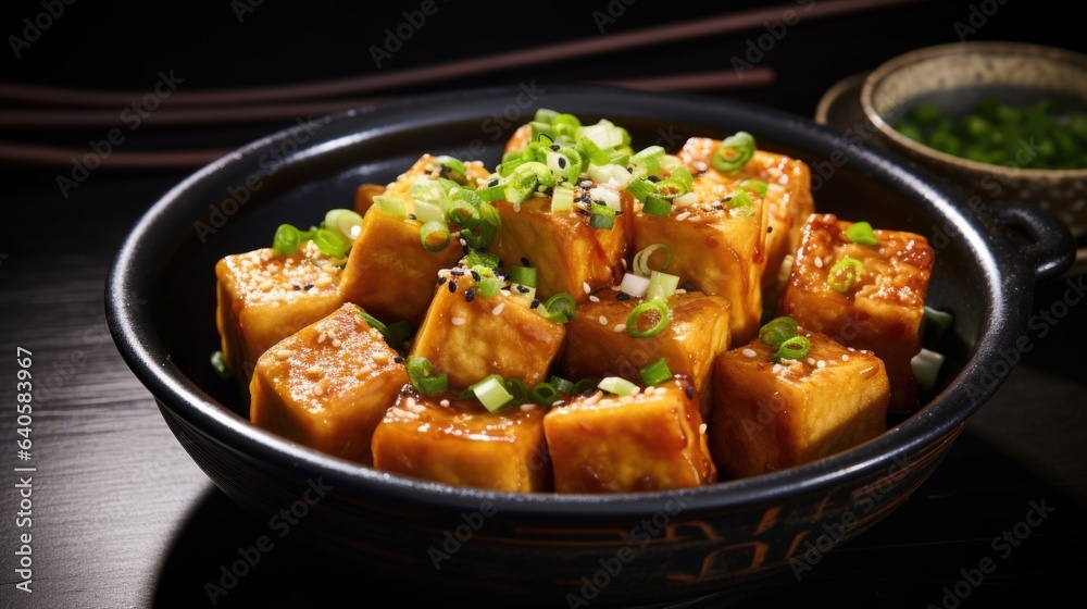  Fried tofu in bowl, Vegetarian food