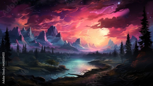 Fantasy alien planet. Mountain and lake. 3D Illustration