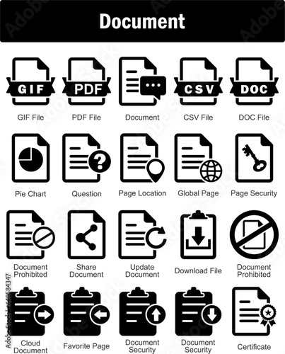 A set of 20 Document icons as gif file, pdf file, document