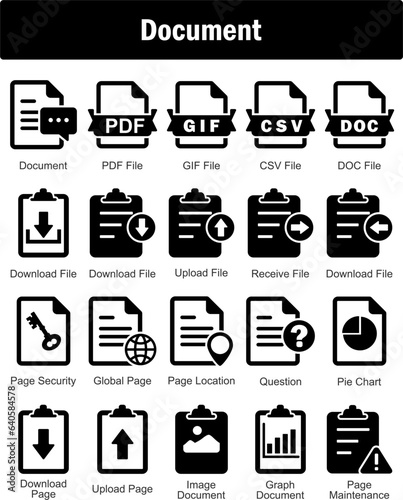 A set of 20 Document icons as document, pdf file, gif file