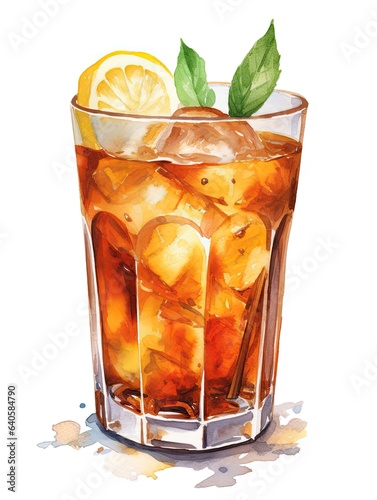 Glass of iced tea watercolor illustration - Generative AI.