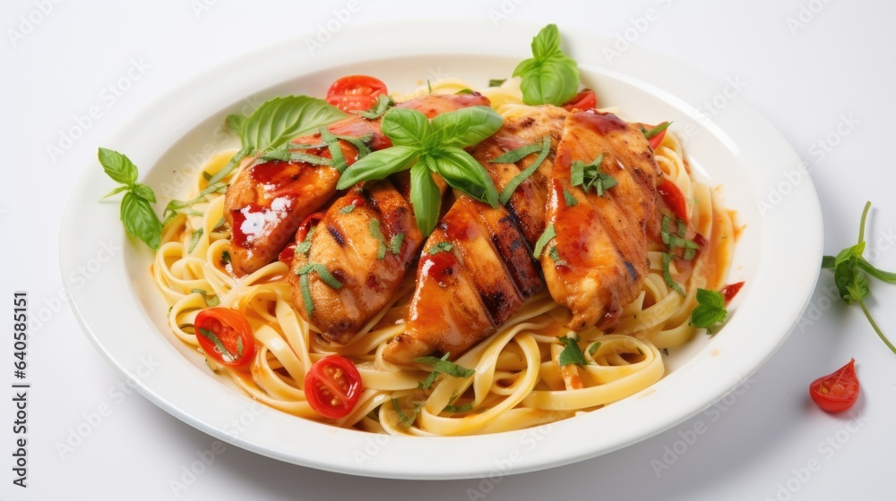 A delicious dish of chicken and pasta placed on a light background
