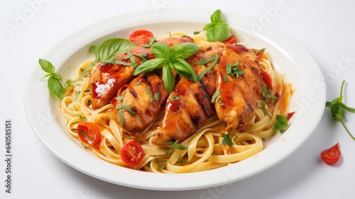 A delicious dish of chicken and pasta placed on a light background
