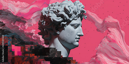 portrait of a statue sculpture wallpaper texture, on a trendy glitchy vibrant colors  contemporary background, pop art style