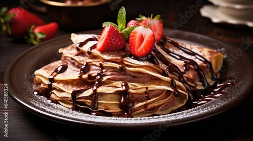 Crepes with chocolate and strawberries on the plate