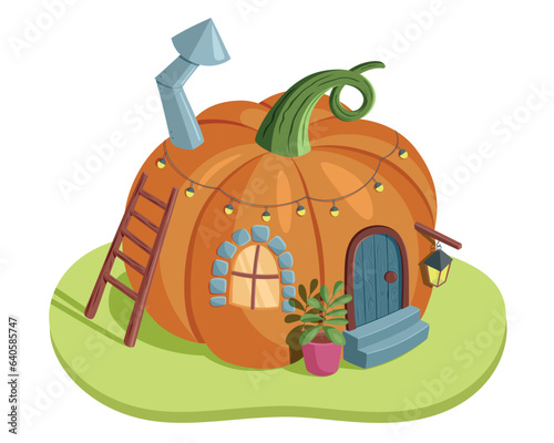 A fancy orange pumpkin house with a chimney, a cute little window and a door on the green grass in a cartoon 
