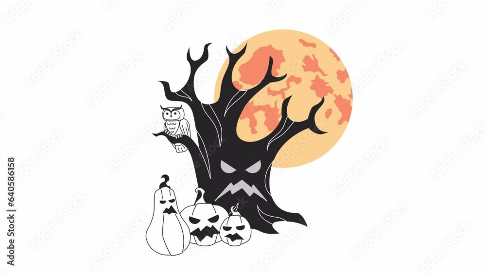 Halloween tree with scary pumpkins bw 2D animation. Spooky forest with rising moon 4K video motion graphic. Creepy woods Helloween monochrome outline animated cartoon flat concept, white background Halloween tree with scary pumpkins bw 2D animation. Spooky forest with rising moon 4K video motion graphic. Creepy woods Helloween monochrome outline animated cartoon flat concept, white background