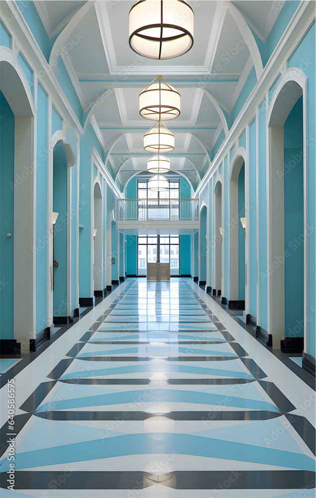 Luxury Mansion Passage with Minimalist Blue and White Decor - Generative AI 